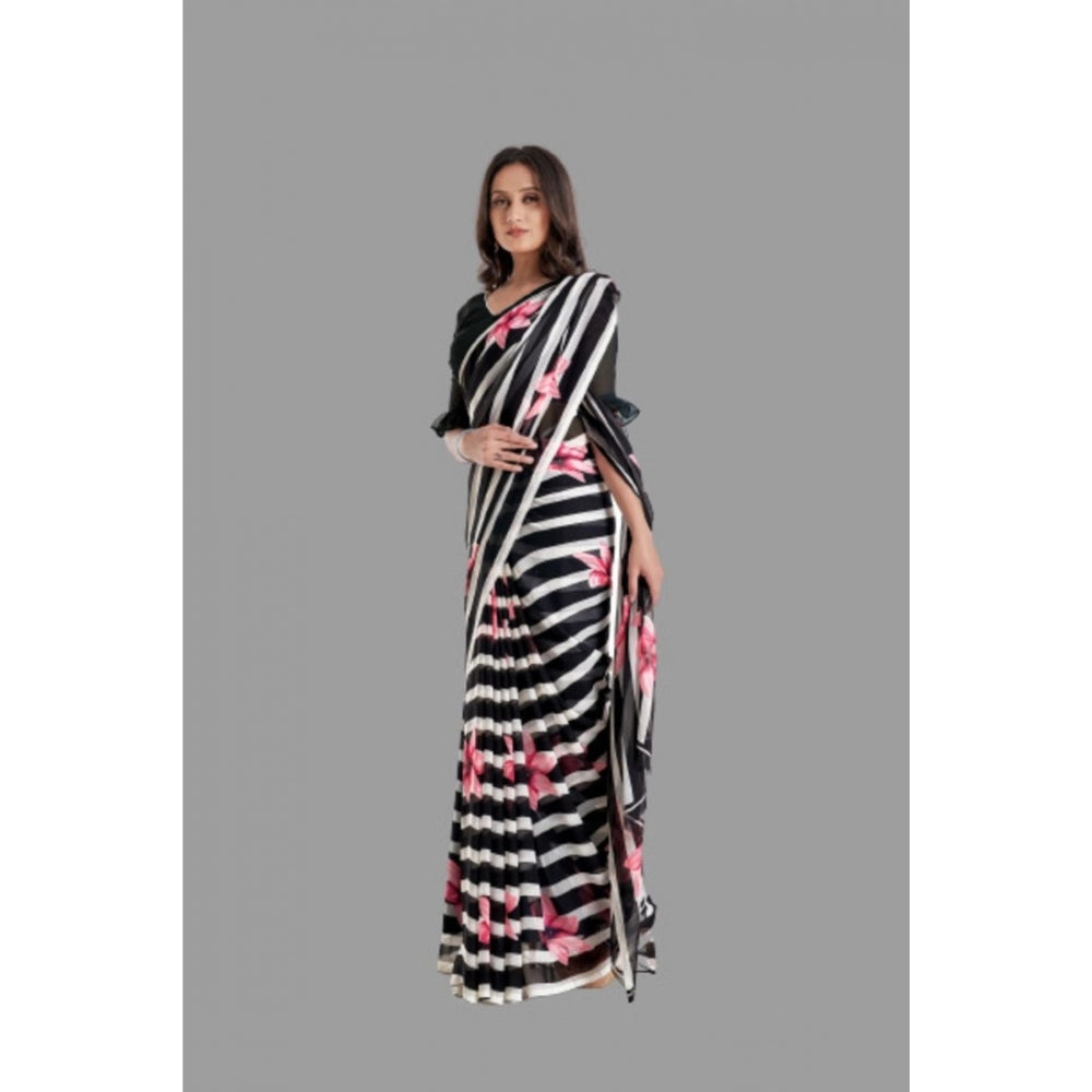 Generic Women's Georgette Printed Saree With Unstitched Blouse (Black)