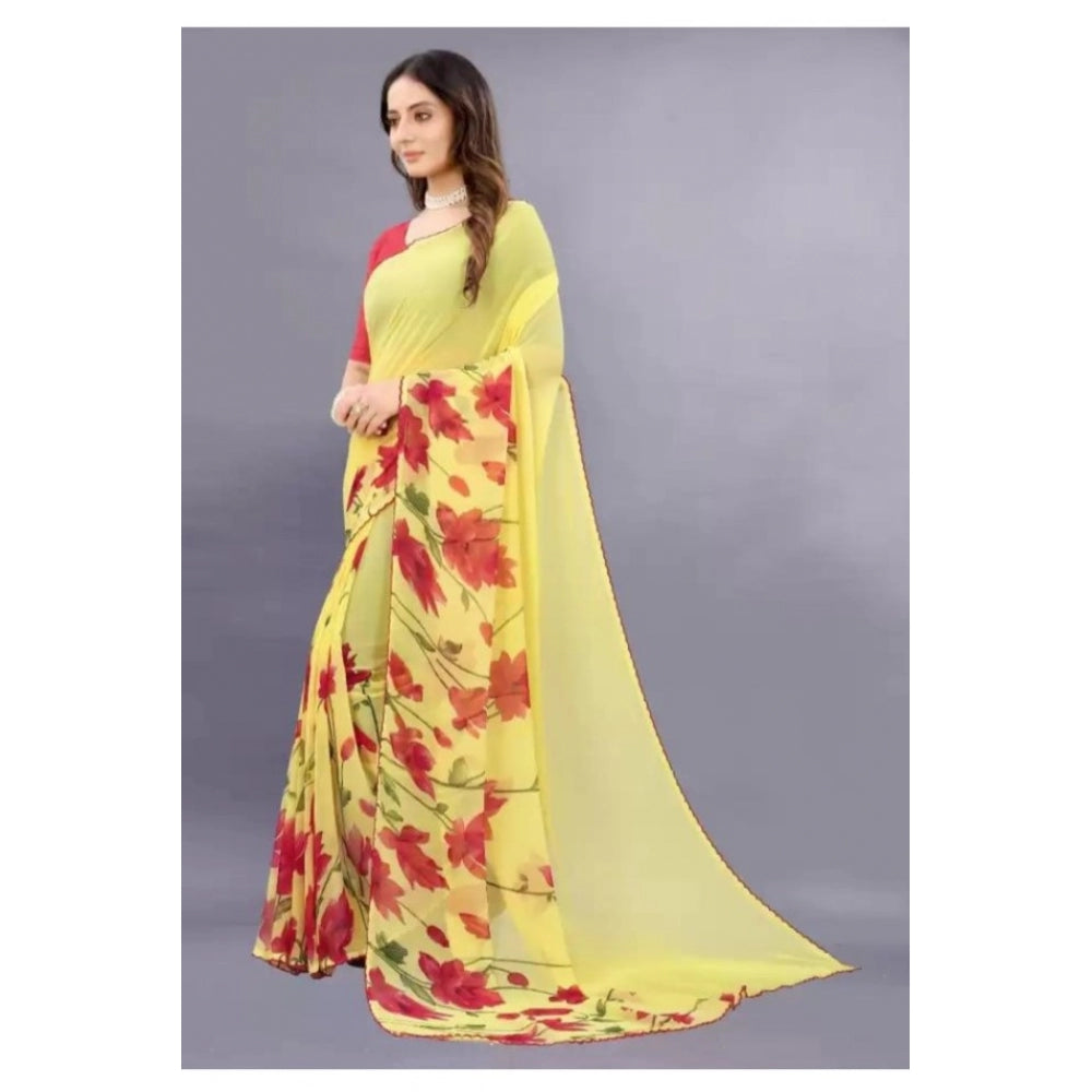 Generic Women's Georgette Printed Saree With Unstitched Blouse (Yellow)