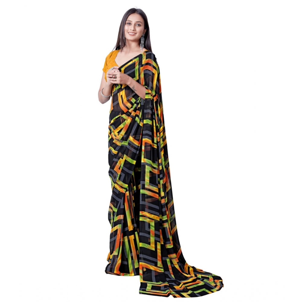 Generic Women's Georgette Printed Saree With Unstitched Blouse (Yellow)