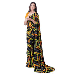 Generic Women's Georgette Printed Saree With Unstitched Blouse (Yellow)