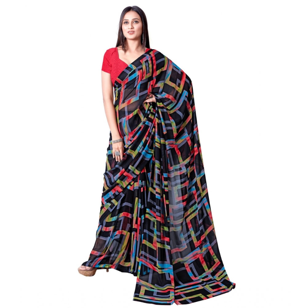 Generic Women's Georgette Printed Saree With Unstitched Blouse (Red)