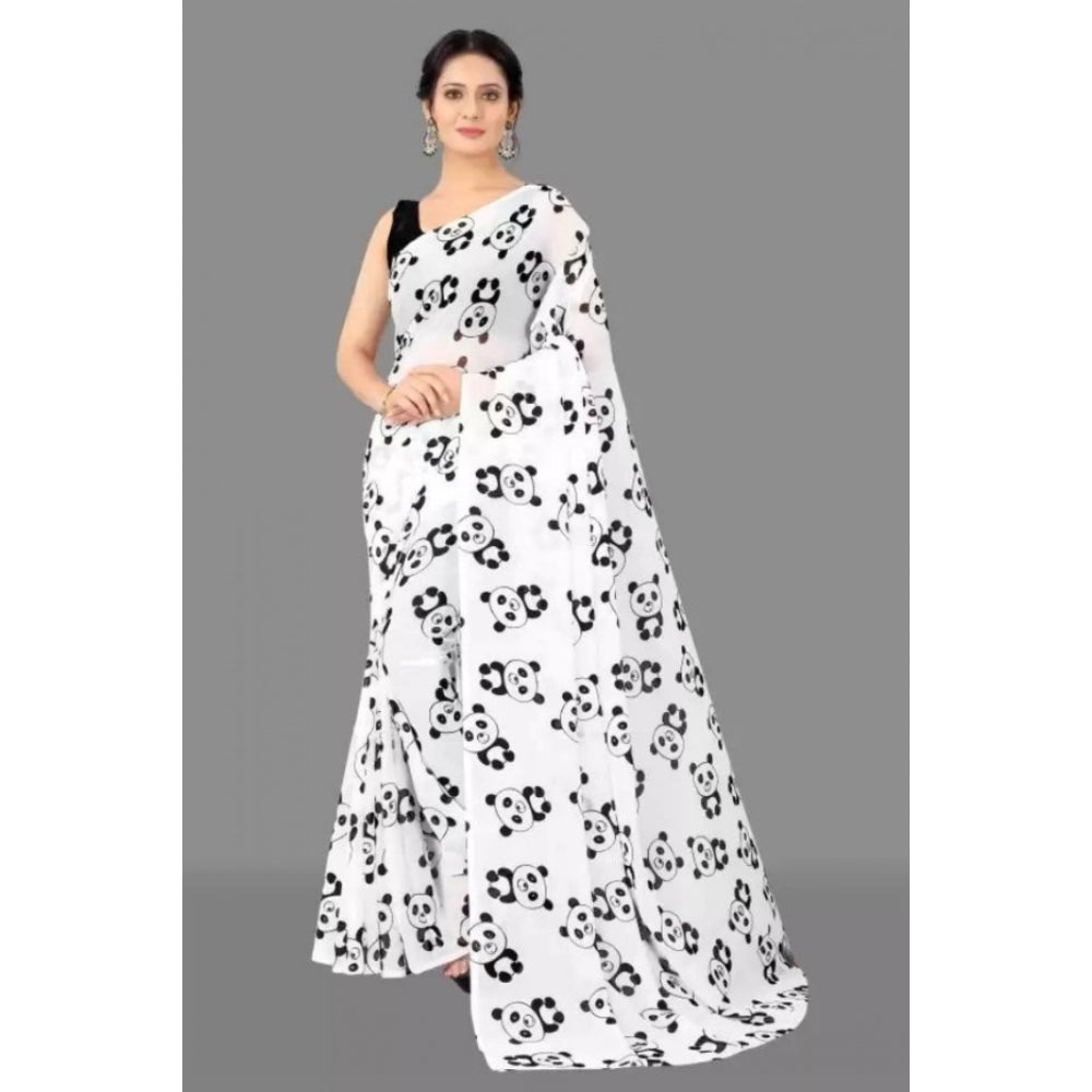 Generic Women's Georgette Printed Saree With Unstitched Blouse (White)