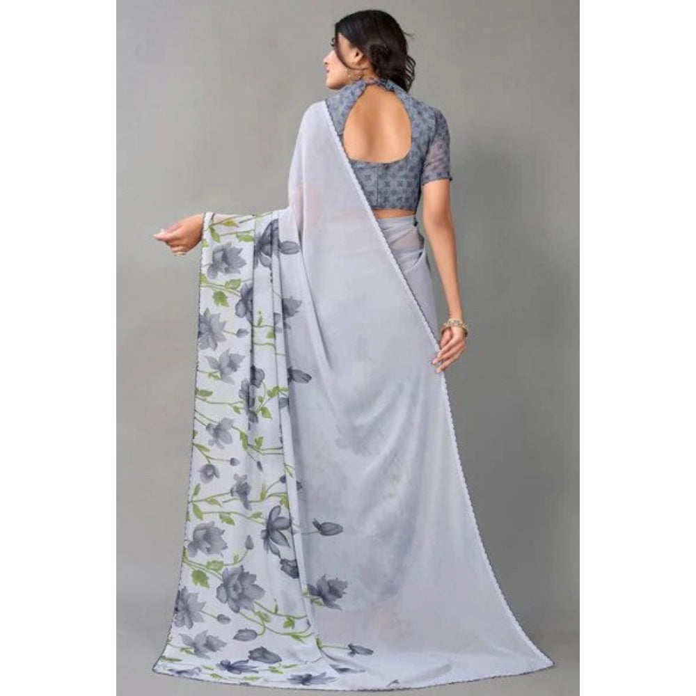 Generic Women's Georgette Printed Saree With Unstitched Blouse (Grey)