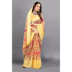 Generic Women's Sattin Patta Printed Saree With Unstitched Blouse (Yellow)