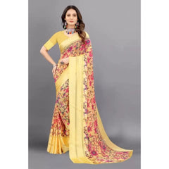 Generic Women's Sattin Patta Printed Saree With Unstitched Blouse (Yellow)