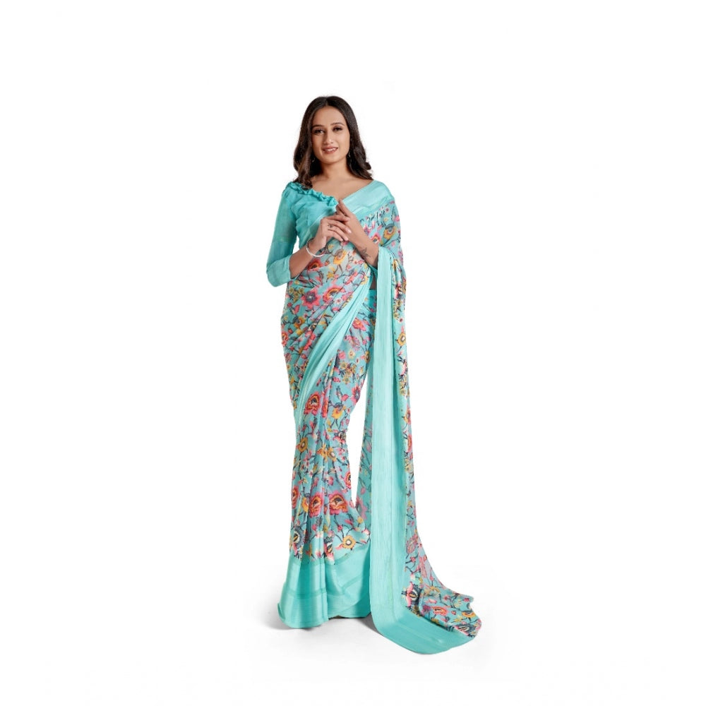 Generic Women's Sattin Patta Printed Saree With Unstitched Blouse (Skyblue)