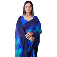 Generic Women's Sattin Patta Printed Saree With Unstitched Blouse (Skyblue)