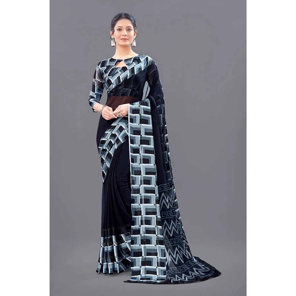 Generic Women's Sattin Patta Printed Saree With Unstitched Blouse (Black)