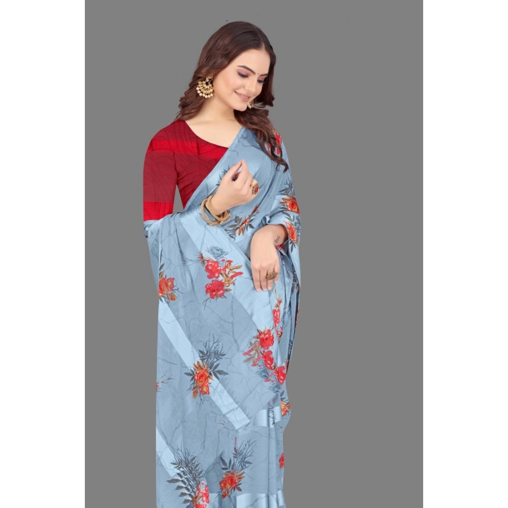 Generic Women's Sattin Patta Printed Saree With Unstitched Blouse (Grey)