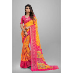 Generic Women's Viscose Rayon Printed Saree With Unstitched Blouse (Yellow)