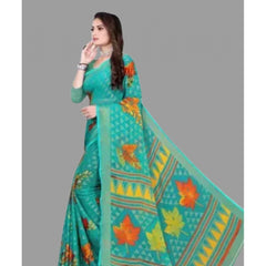 Generic Women's Viscose Rayon Printed Saree With Unstitched Blouse (Teal)