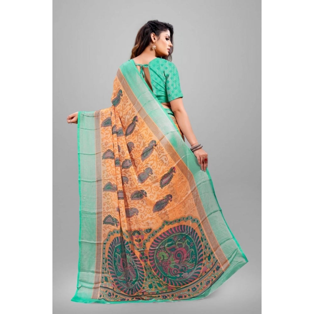 Generic Women's Viscose Rayon Printed Saree With Unstitched Blouse (Orange)