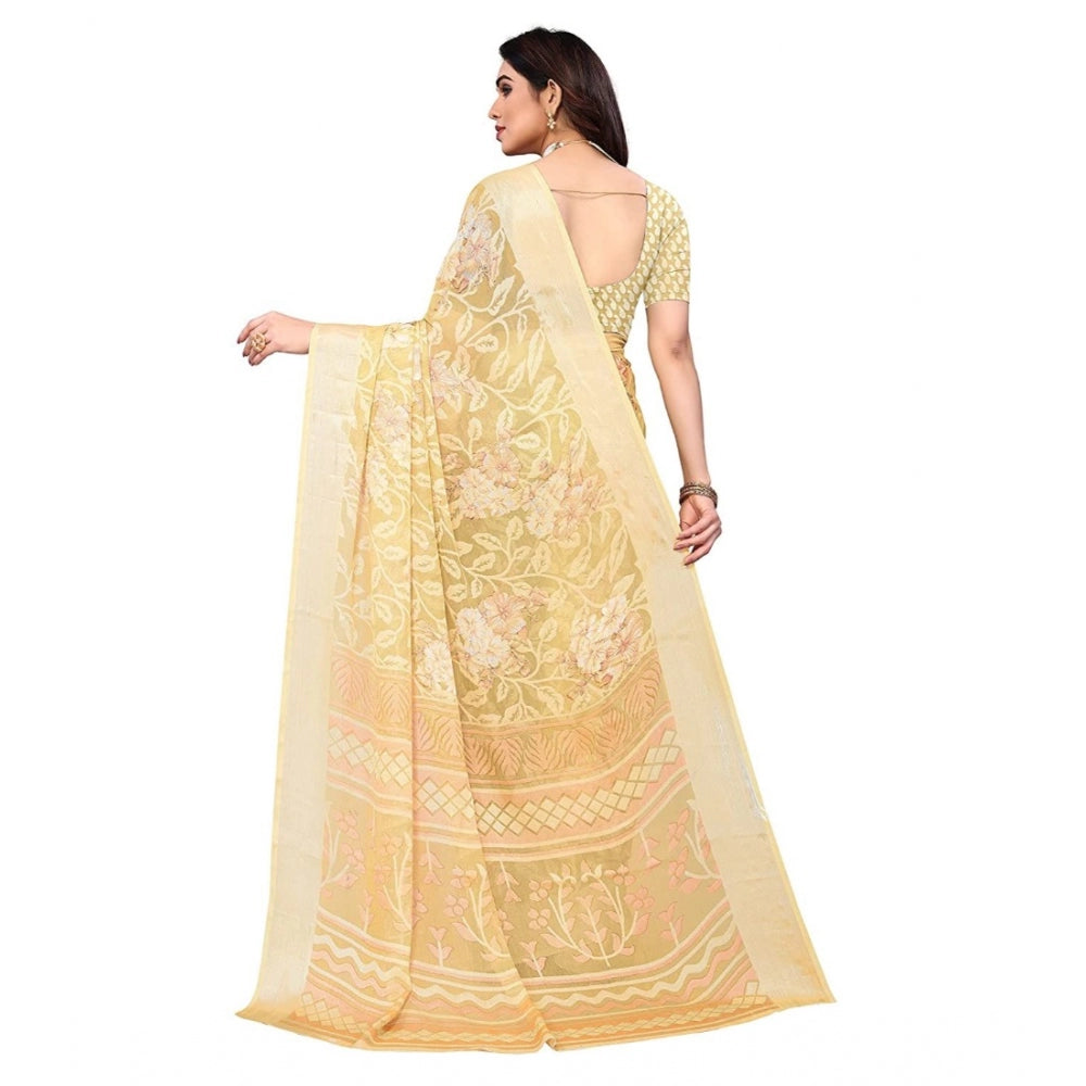 Generic Women's Viscose Rayon Printed Saree With Unstitched Blouse (Yellow)