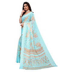 Generic Women's Viscose Rayon Printed Saree With Unstitched Blouse (Sky Blue)