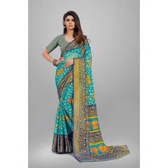 Generic Women's Viscose Rayon Printed Saree With Unstitched Blouse (Sky Blue)