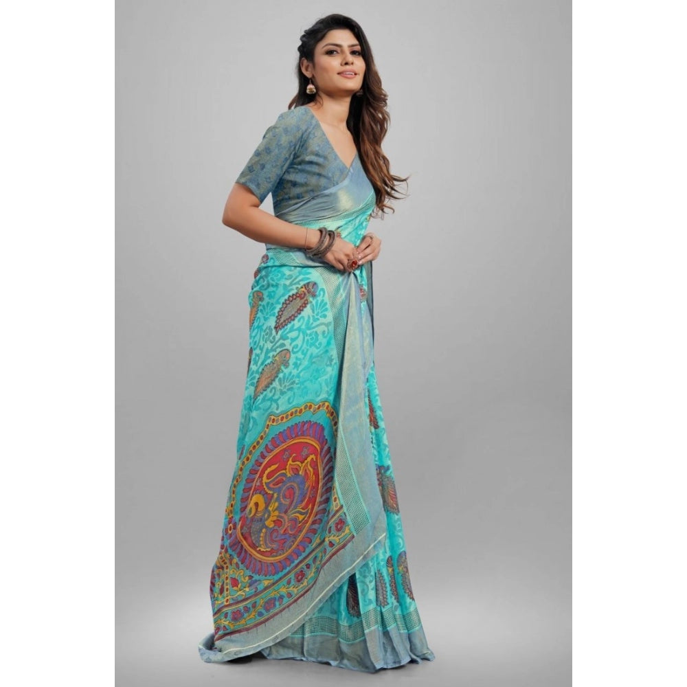 Generic Women's Viscose Rayon Printed Saree With Unstitched Blouse (Sky Blue)