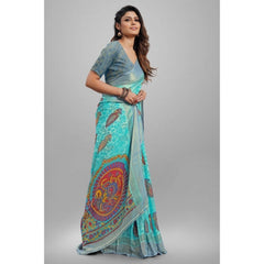 Generic Women's Viscose Rayon Printed Saree With Unstitched Blouse (Sky Blue)