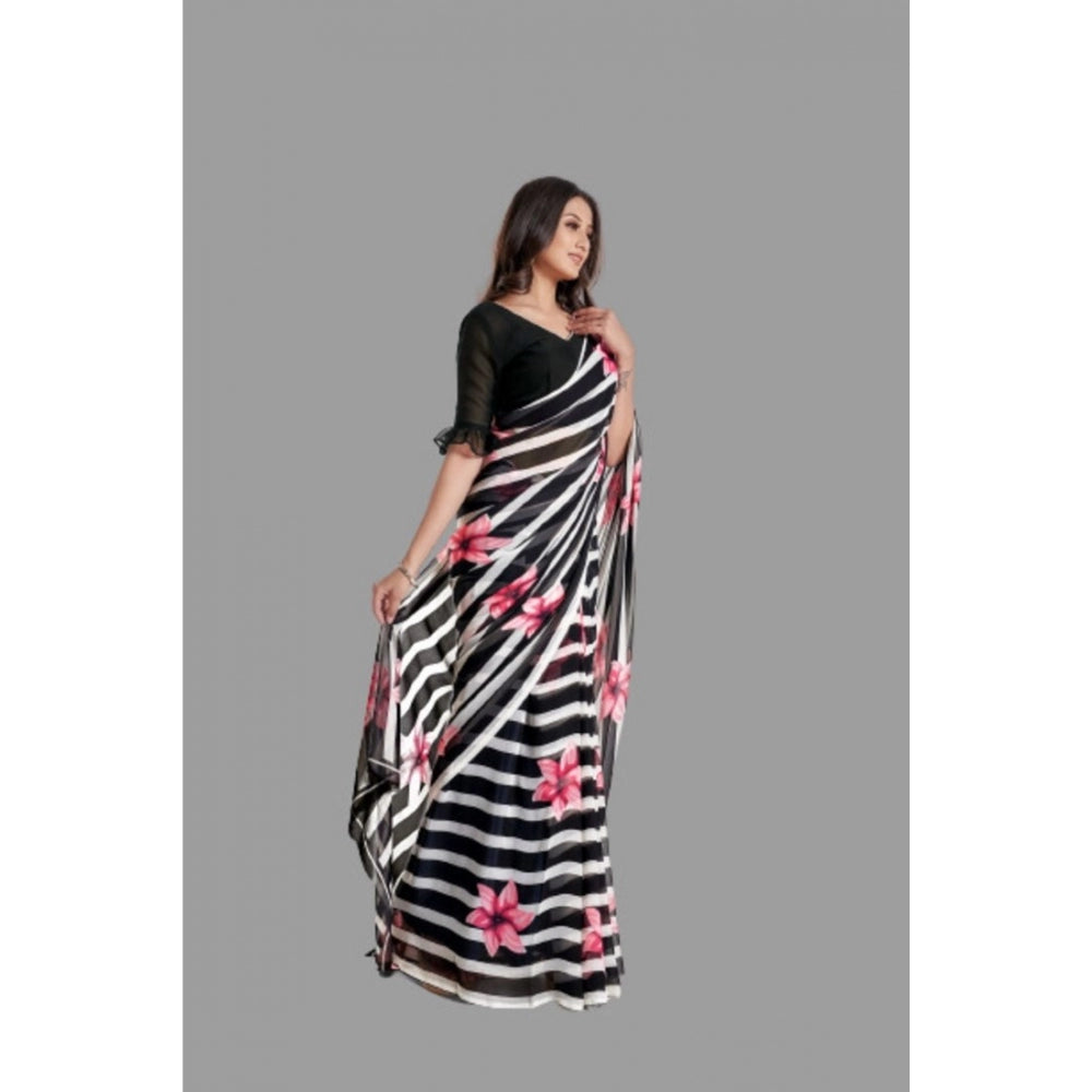 Generic Women's Georgette Printed Saree With Unstitched Blouse (Black)