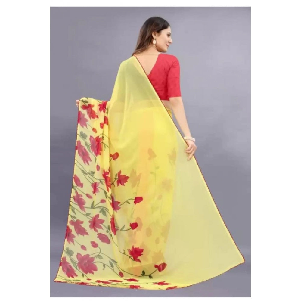 Generic Women's Georgette Printed Saree With Unstitched Blouse (Yellow)