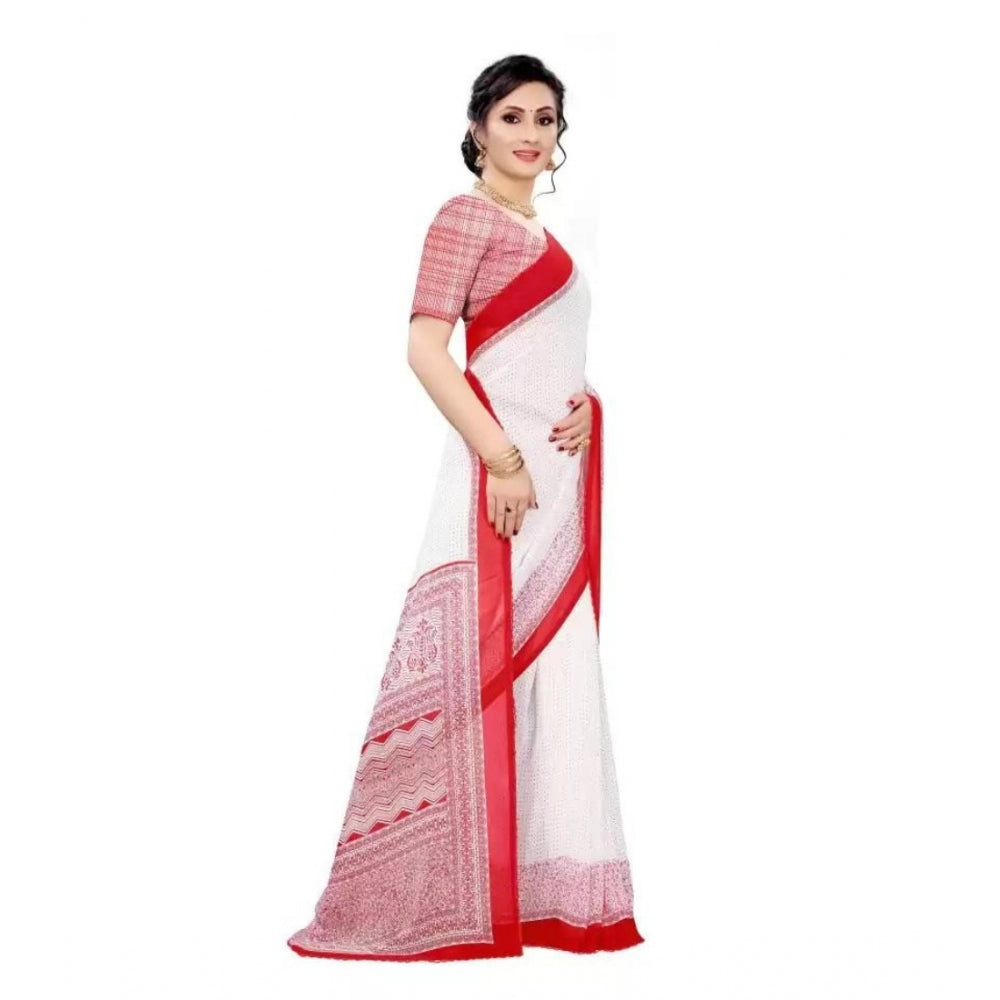 Generic Women's Georgette Printed Saree With Unstitched Blouse (Red)