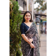 Generic Women's Georgette Printed Saree With Unstitched Blouse (Black)