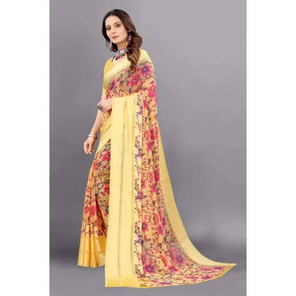 Generic Women's Sattin Patta Printed Saree With Unstitched Blouse (Yellow)