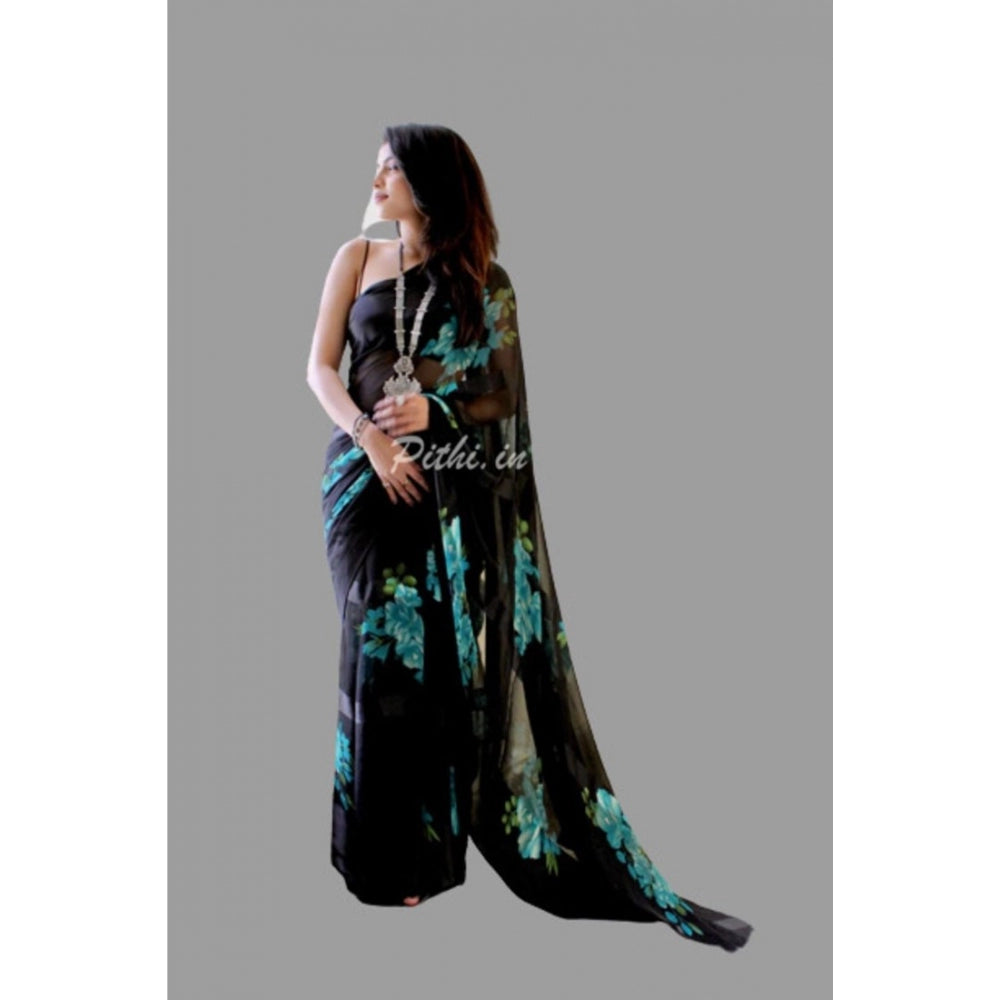 Generic Women's Sattin Patta Printed Saree With Unstitched Blouse (Blue)