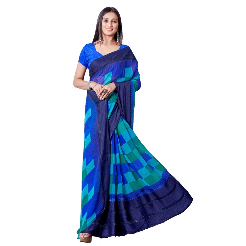 Generic Women's Sattin Patta Printed Saree With Unstitched Blouse (Skyblue)