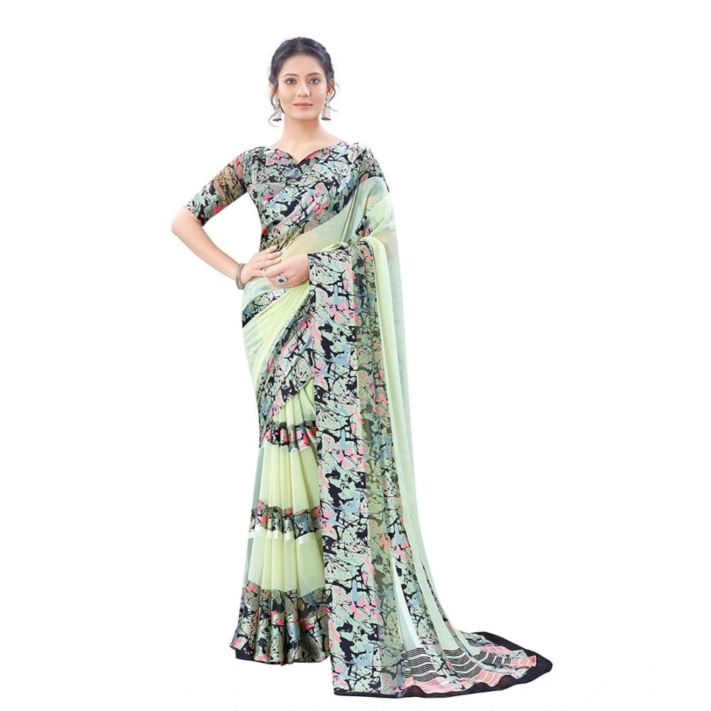 Generic Women's Sattin Patta Printed Saree With Unstitched Blouse (Cream)