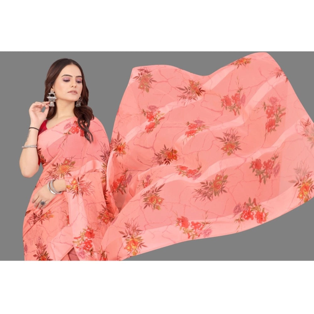 Generic Women's Sattin Patta Printed Saree With Unstitched Blouse (Peach)