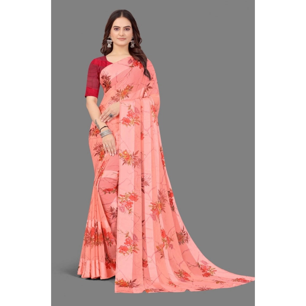 Generic Women's Sattin Patta Printed Saree With Unstitched Blouse (Peach)