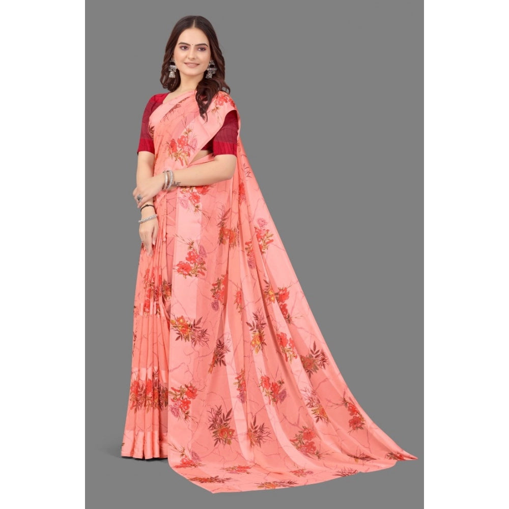 Generic Women's Sattin Patta Printed Saree With Unstitched Blouse (Peach)