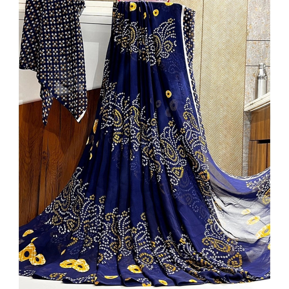 Generic Women's Georgette Printed Saree With Unstitched Blouse (Navy Blue)