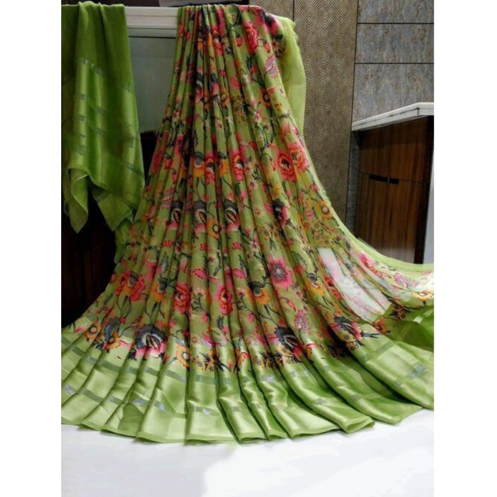 Generic Women's Sattin Patta Printed Saree With Unstitched Blouse (Green)