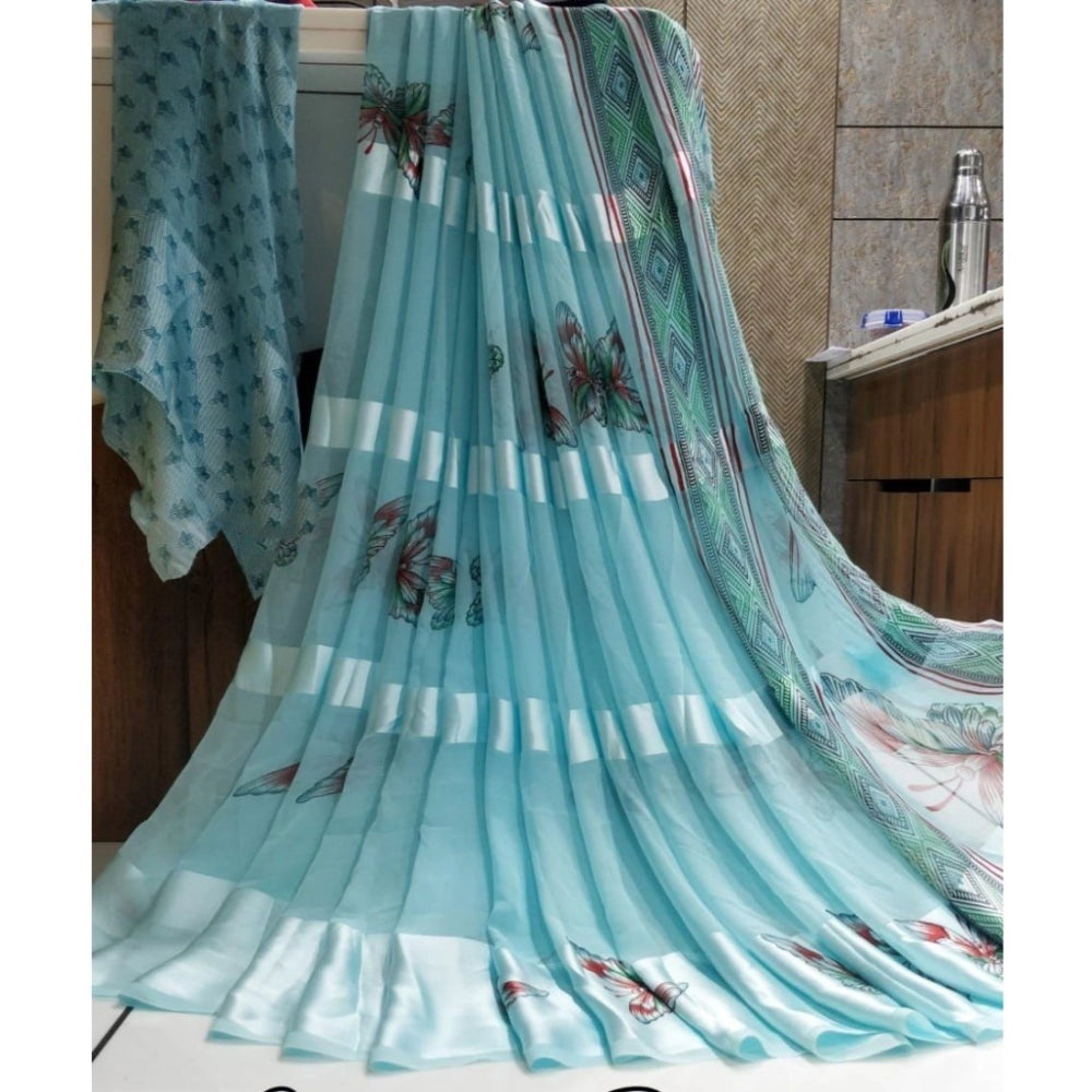 Generic Women's Sattin Patta Printed Saree With Unstitched Blouse (Skyblue)