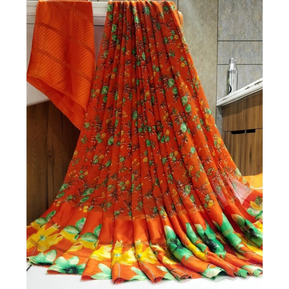 Generic Women's Sattin Patta Printed Saree With Unstitched Blouse (Orange)