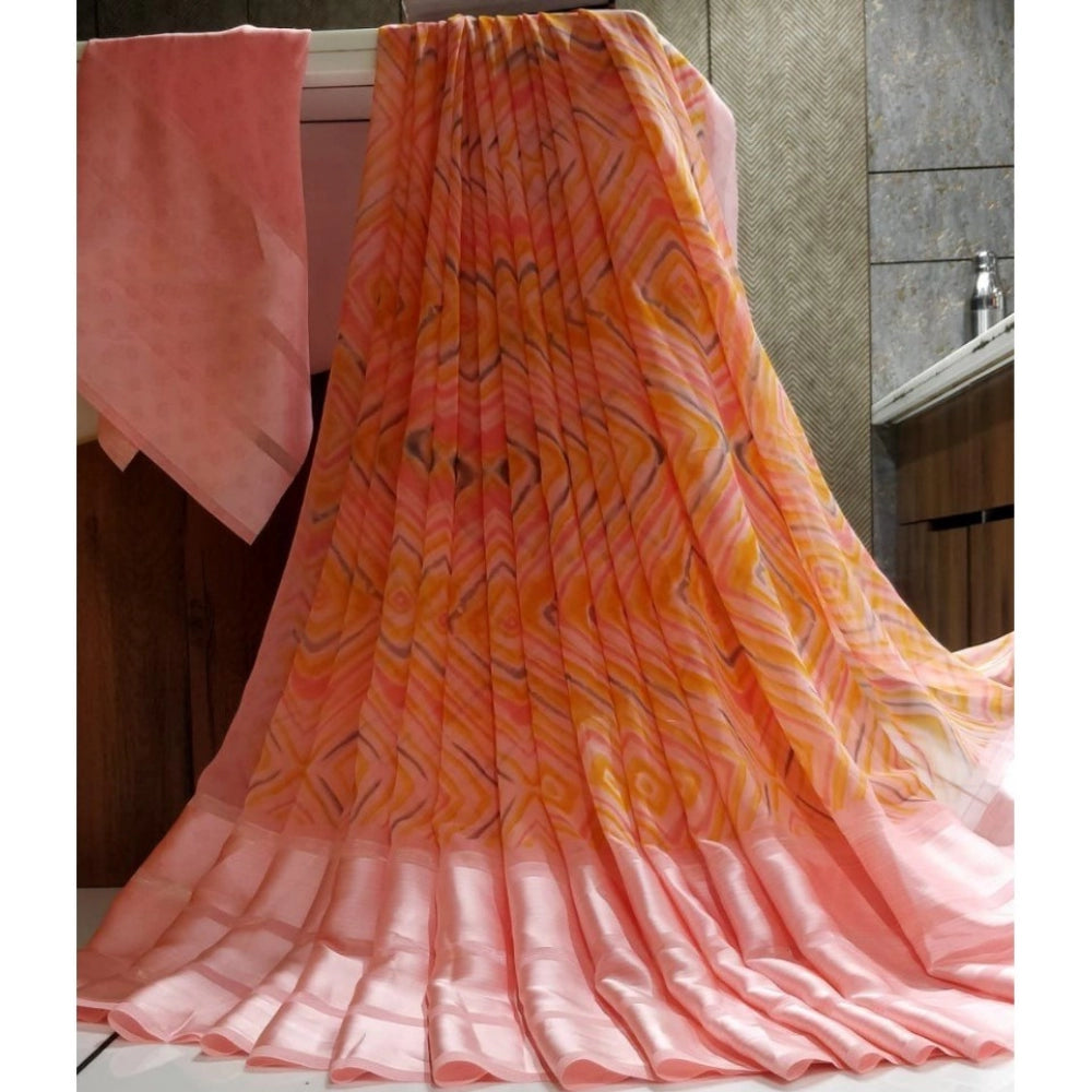 Generic Women's Sattin Patta Printed Saree With Unstitched Blouse (Peach)