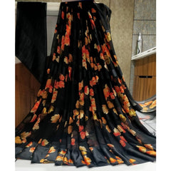 Generic Women's Sattin Patta Printed Saree With Unstitched Blouse (Black)