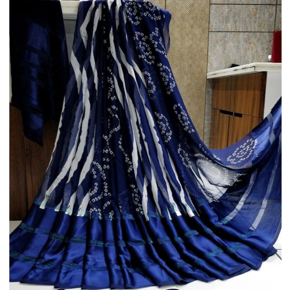 Generic Women's Sattin Patta Printed Saree With Unstitched Blouse (Blue)