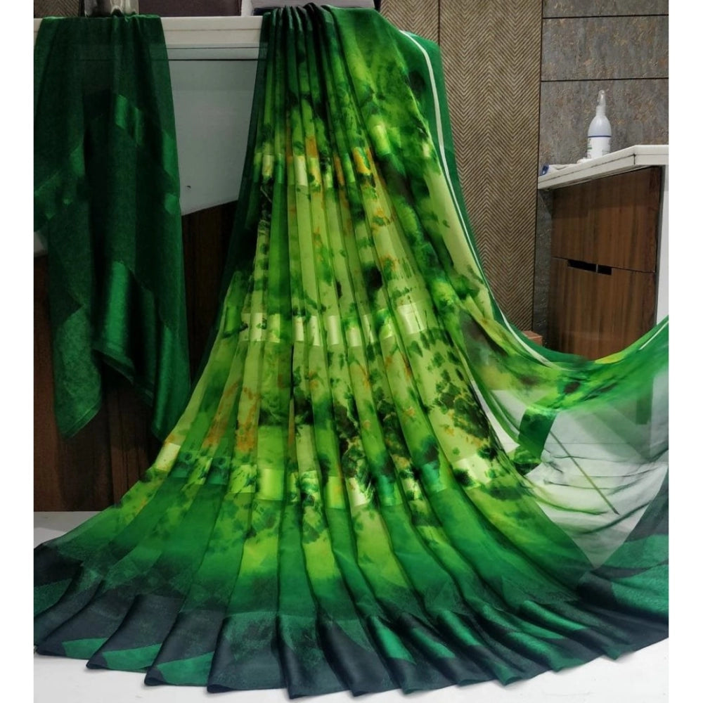 Generic Women's Sattin Patta Printed Saree With Unstitched Blouse (Green)