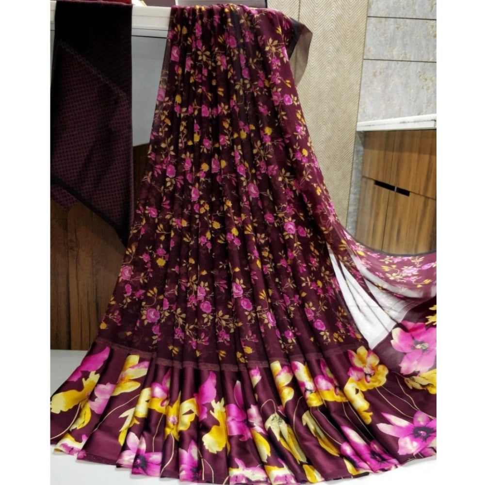 Generic Women's Sattin Patta Printed Saree With Unstitched Blouse (Purple)