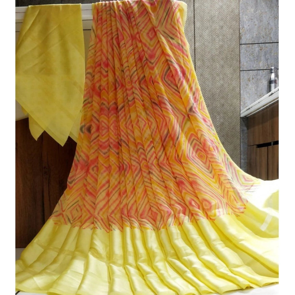 Generic Women's Sattin Patta Printed Saree With Unstitched Blouse (Yellow)