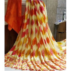 Generic Women's Sattin Patta Printed Saree With Unstitched Blouse (Yellow)