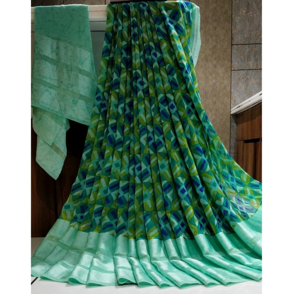 Generic Women's Sattin Patta Printed Saree With Unstitched Blouse (Teal)