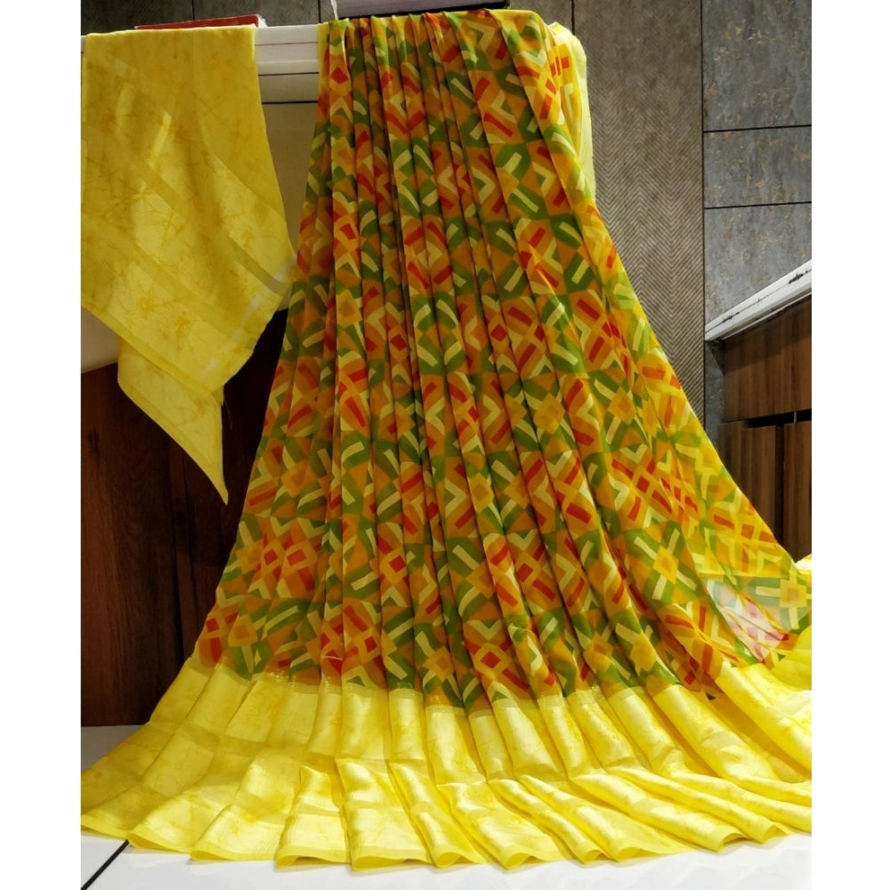 Generic Women's Sattin Patta Printed Saree With Unstitched Blouse (Yellow)