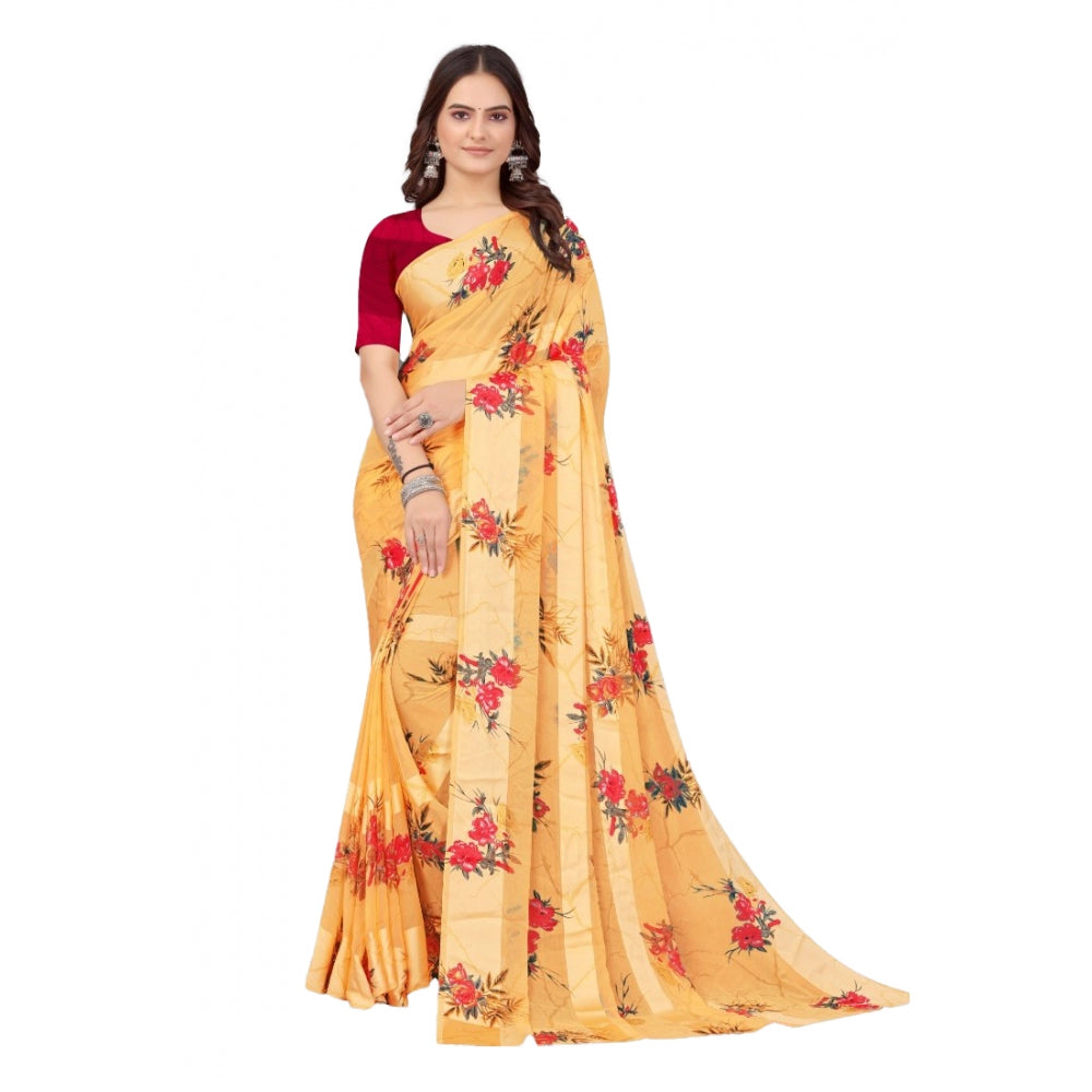 Generic Women's Sattin Patta Printed Saree With Unstitched Blouse (Beige)