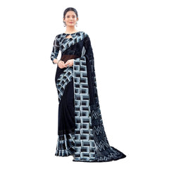 Generic Women's Sattin Patta Printed Saree With Unstitched Blouse (Black)