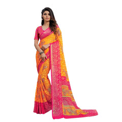 Generic Women's Viscose Rayon Printed Saree With Unstitched Blouse (Yellow)