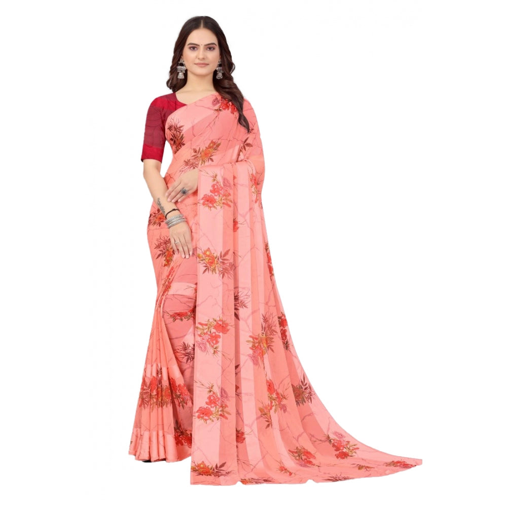 Generic Women's Sattin Patta Printed Saree With Unstitched Blouse (Peach)