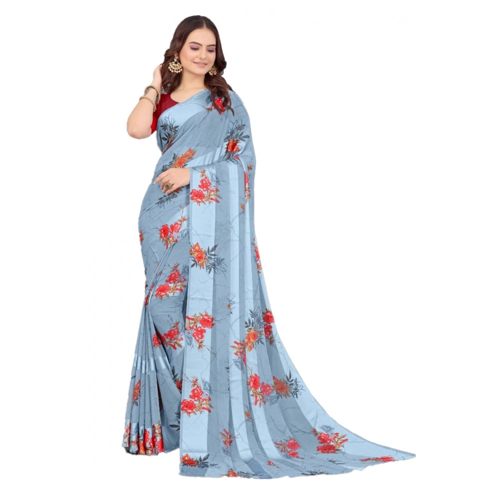 Generic Women's Sattin Patta Printed Saree With Unstitched Blouse (Grey)